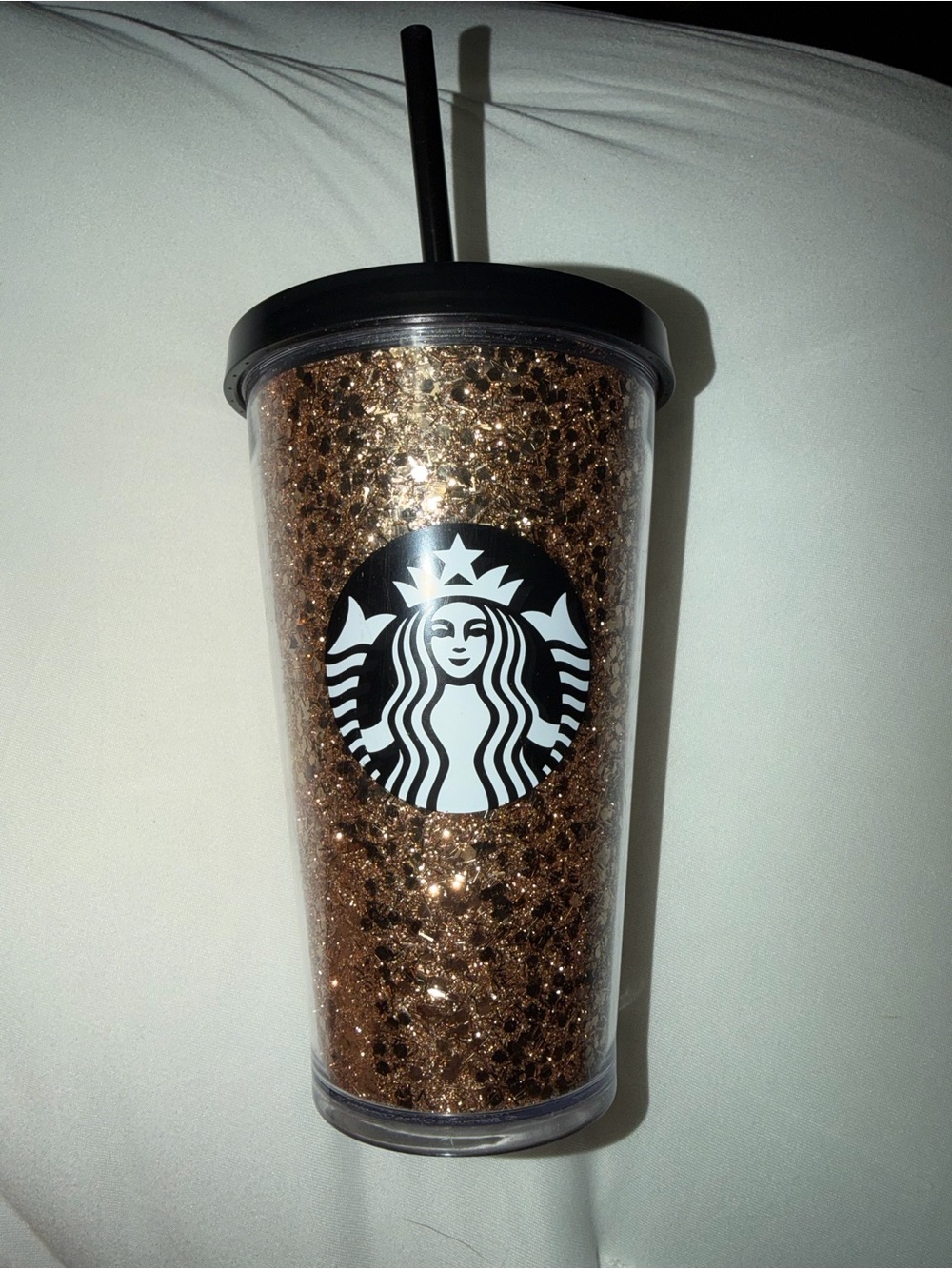 Starbucks Gold Glitter Cold Cup with Black Lid and Straw